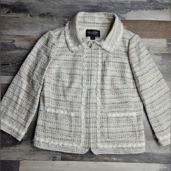 St. John Couture Blazer Skirt Suit Set Size 4 Tweed Beige With Pastel Woven - Picture 2 of 15